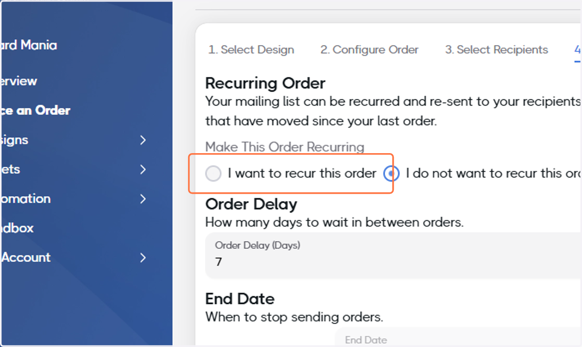 Select I want to recur this order