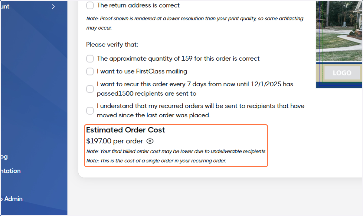 Review your Estimated Order Cost