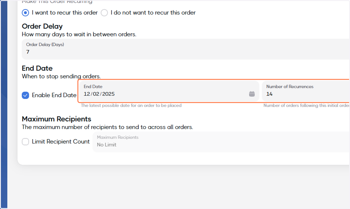 Select an end date from the calendar or set the number of recurrences