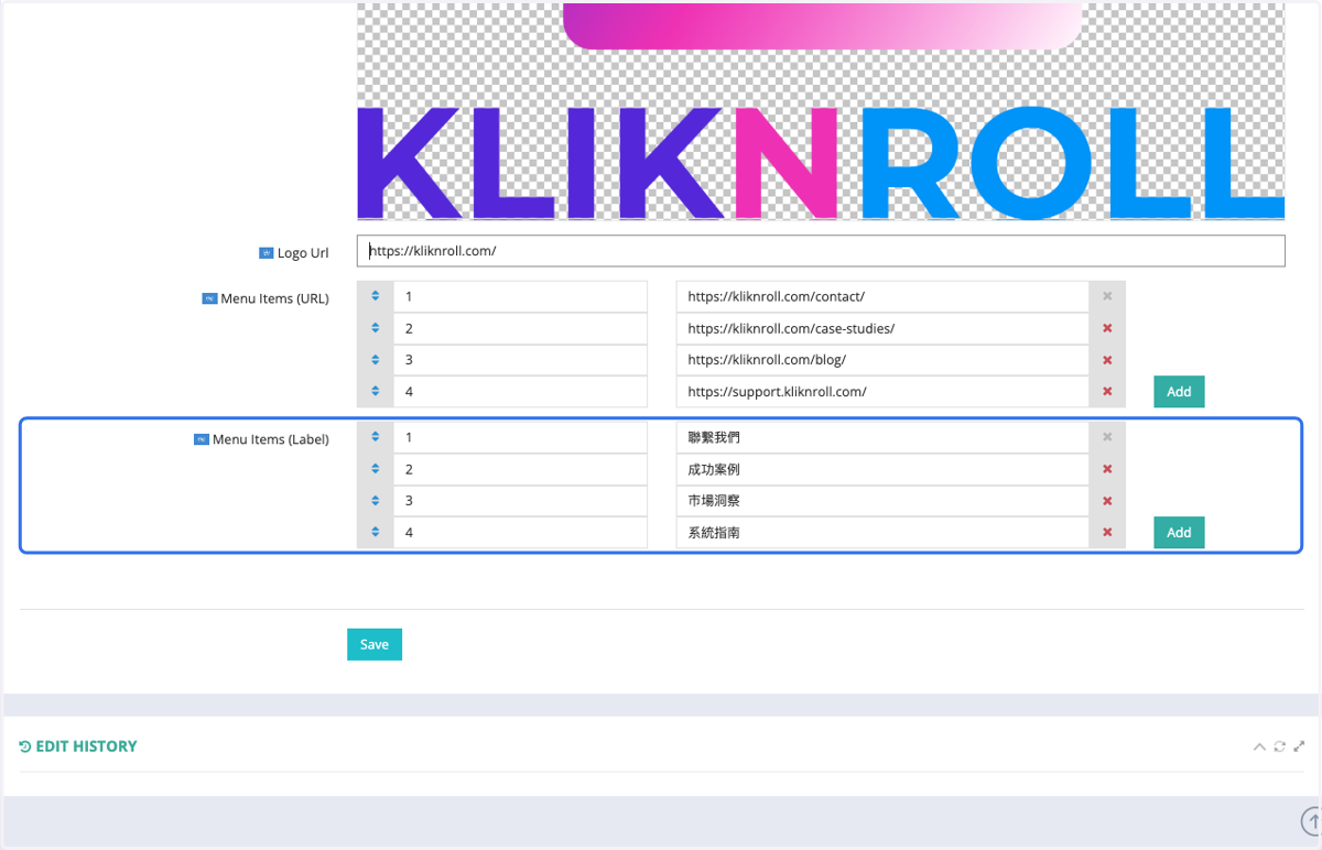 Insert the Key and Value for the Menu Item (URL).