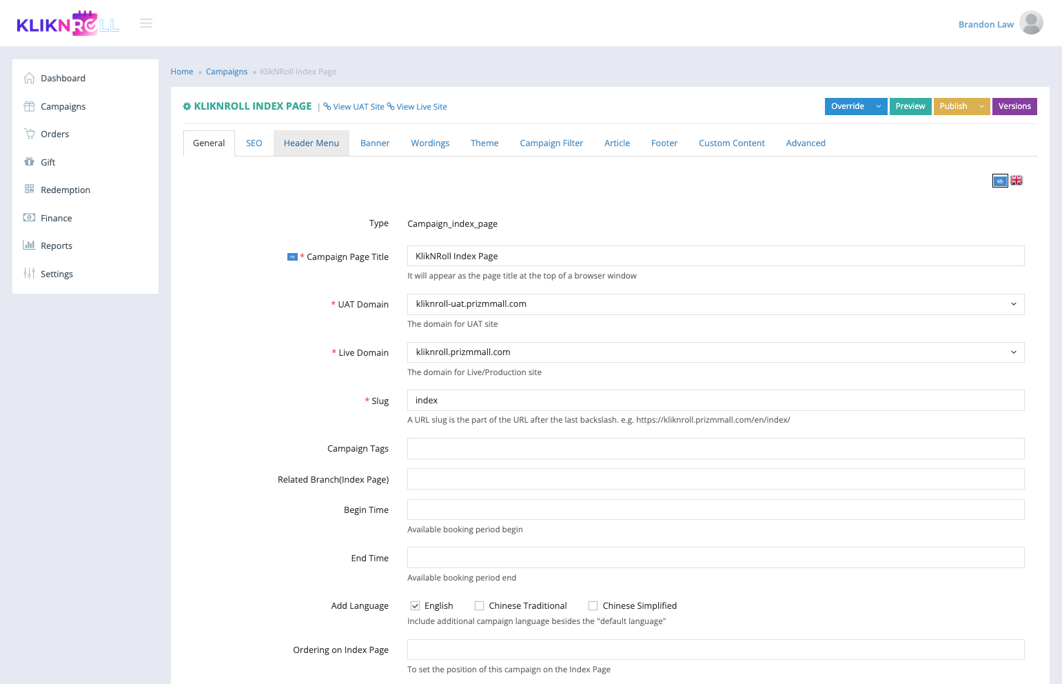 Click on Header Menu