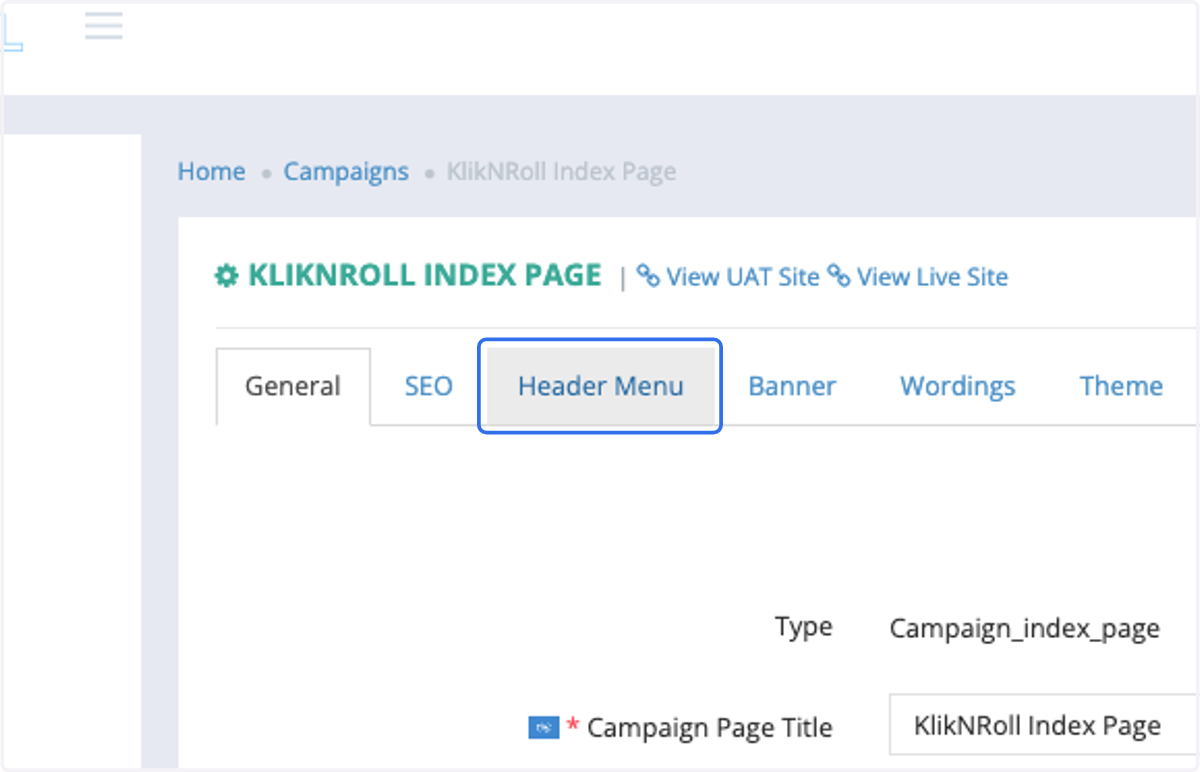 Click on Header Menu