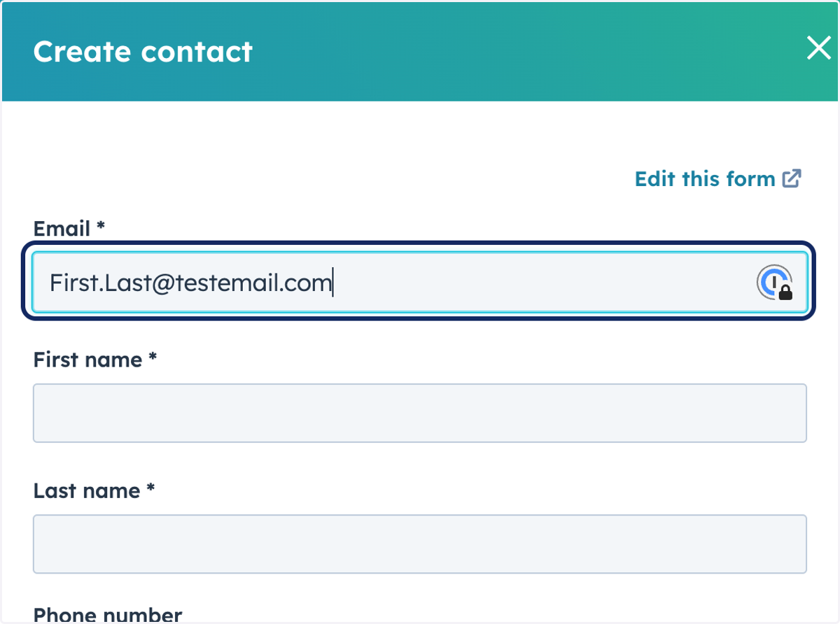 Type "First.Last@testemail.com"