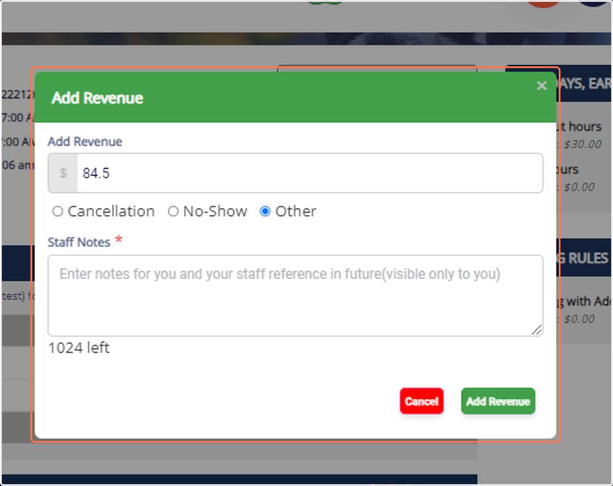 Choose the appropriate reason for adding the deposit to revenue (e.g., cancellation, no show, or other).