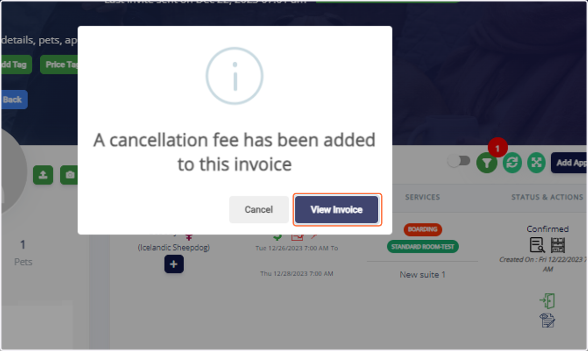 You will receive a prompt regarding the associated cancellation fee that is tied to the appointment if there is one. Click on "View Invoice" to access the invoice associated with the canceled appointment.