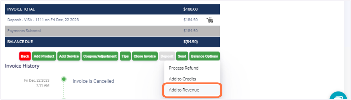 Select "Add to Revenue."