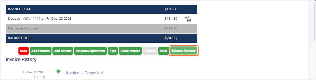 While in the cancelled invoice, click on "Balance Options."
