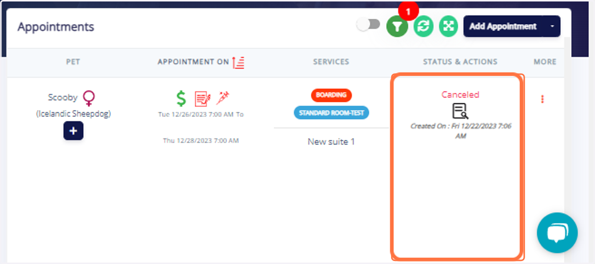 Return to the pet owner's page. You should now see that the appointment has been successfully canceled, and the deposit has been correctly added to revenue for reporting purposes.