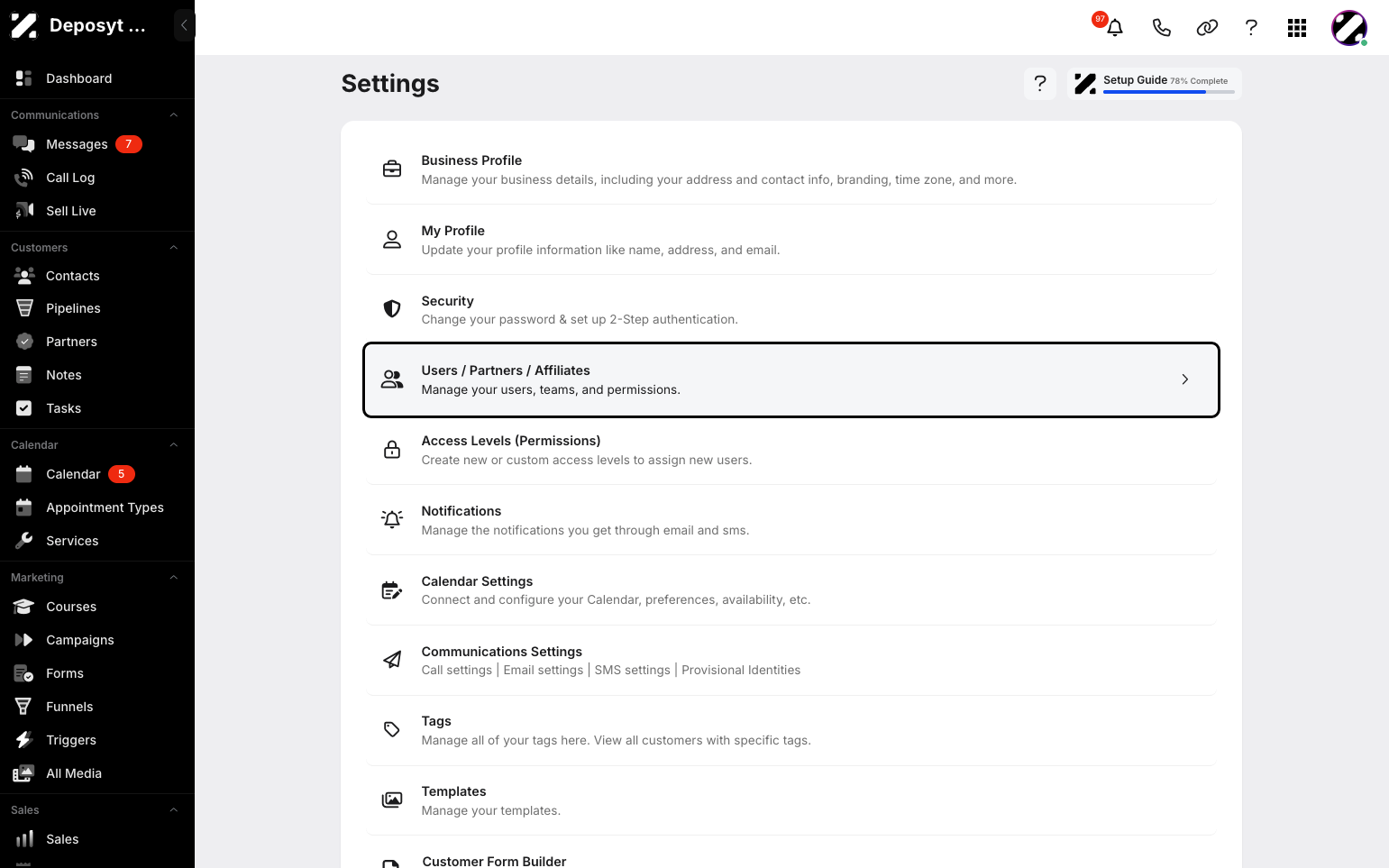 Step 3: You will then be navigated to the Settings page. Click on Users / Partners / Affiliates