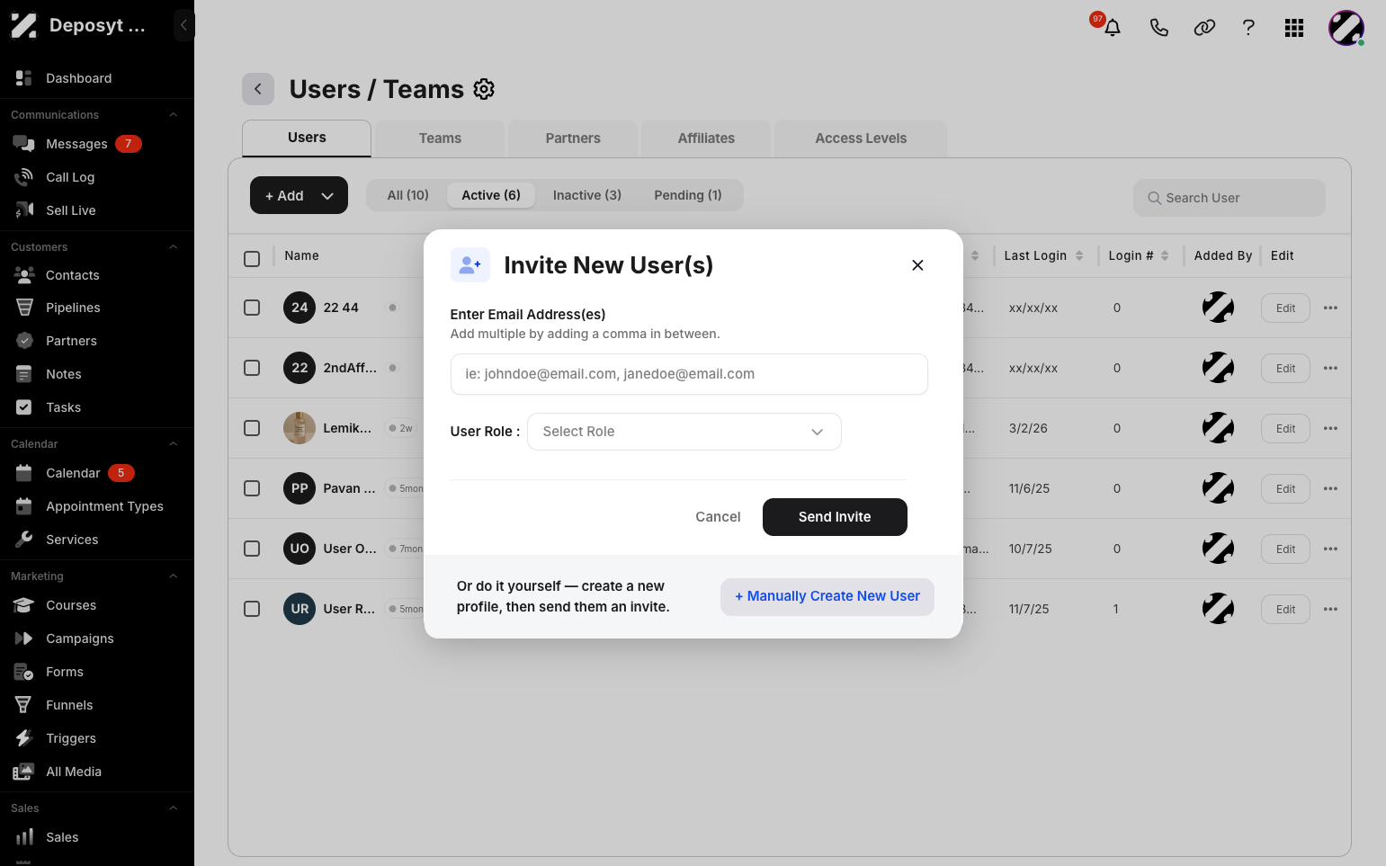 Step 5: A pop-up will appear. Enter the email address of the user you want to add, select the user role, then click the Send Invite button.