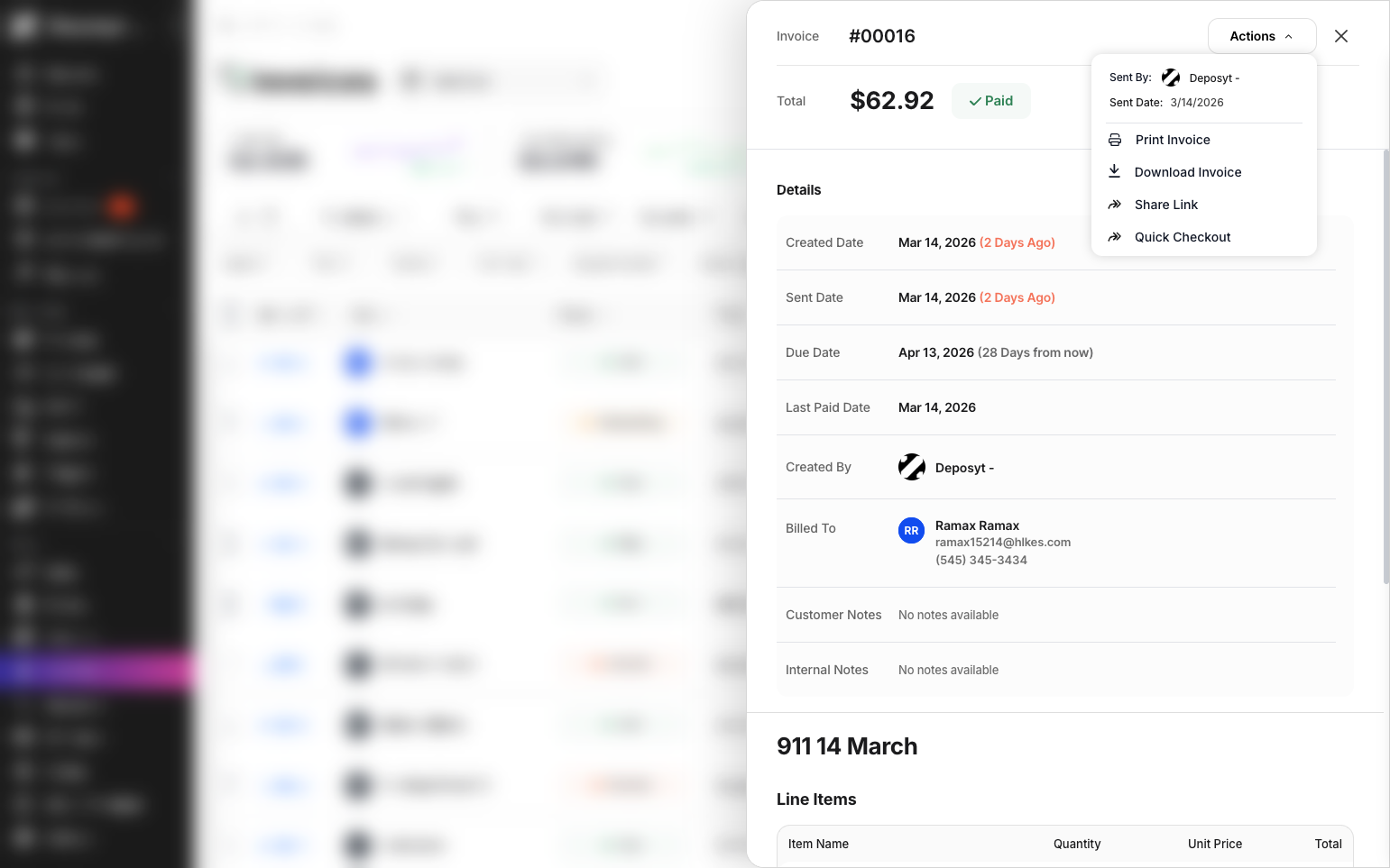Step 5: You can also perform actions for this invoice, such as Print, Download, Share Link, or Quick Checkout.