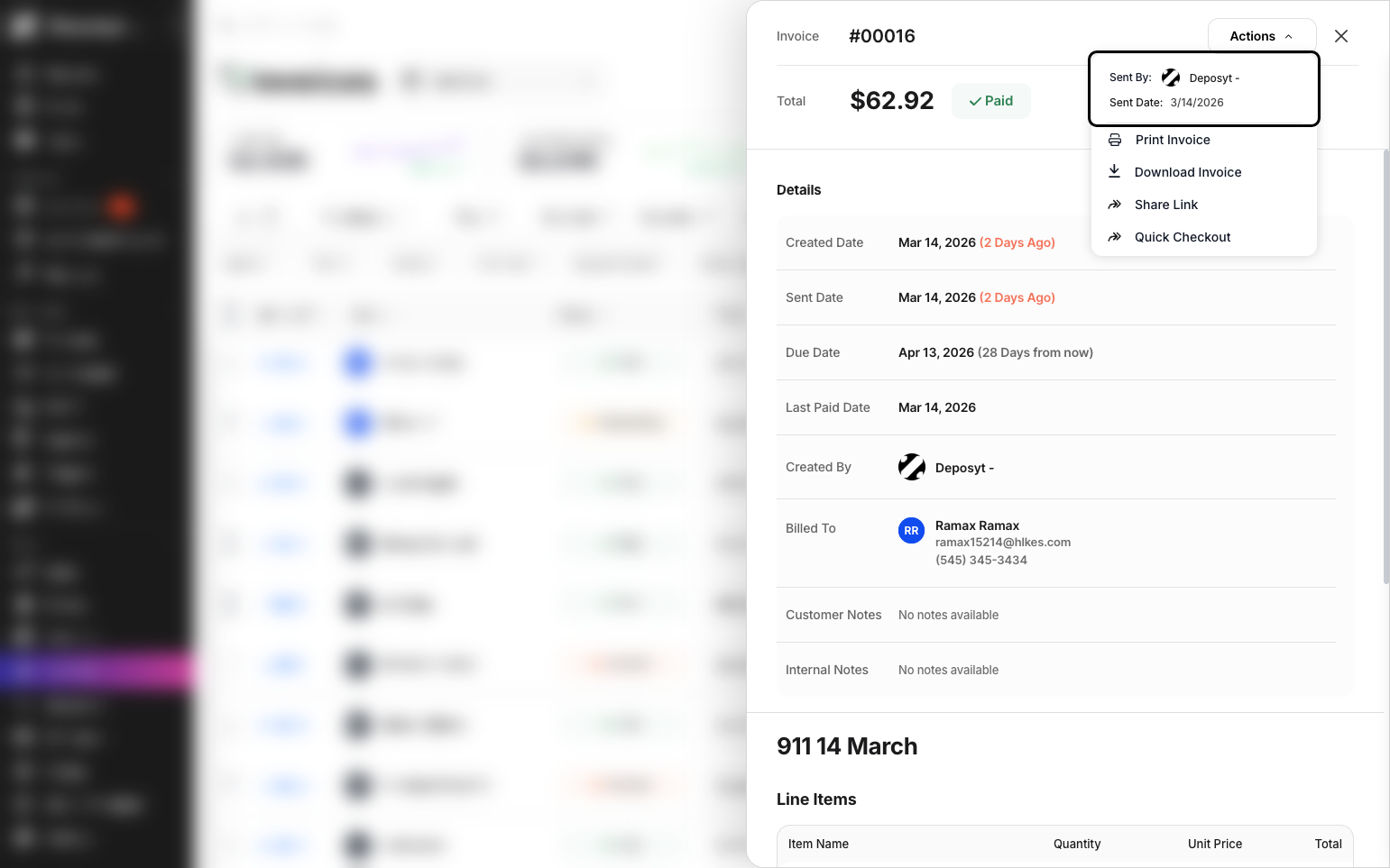 Step 5: You can also perform actions for this invoice, such as Print, Download, Share Link, or Quick Checkout.