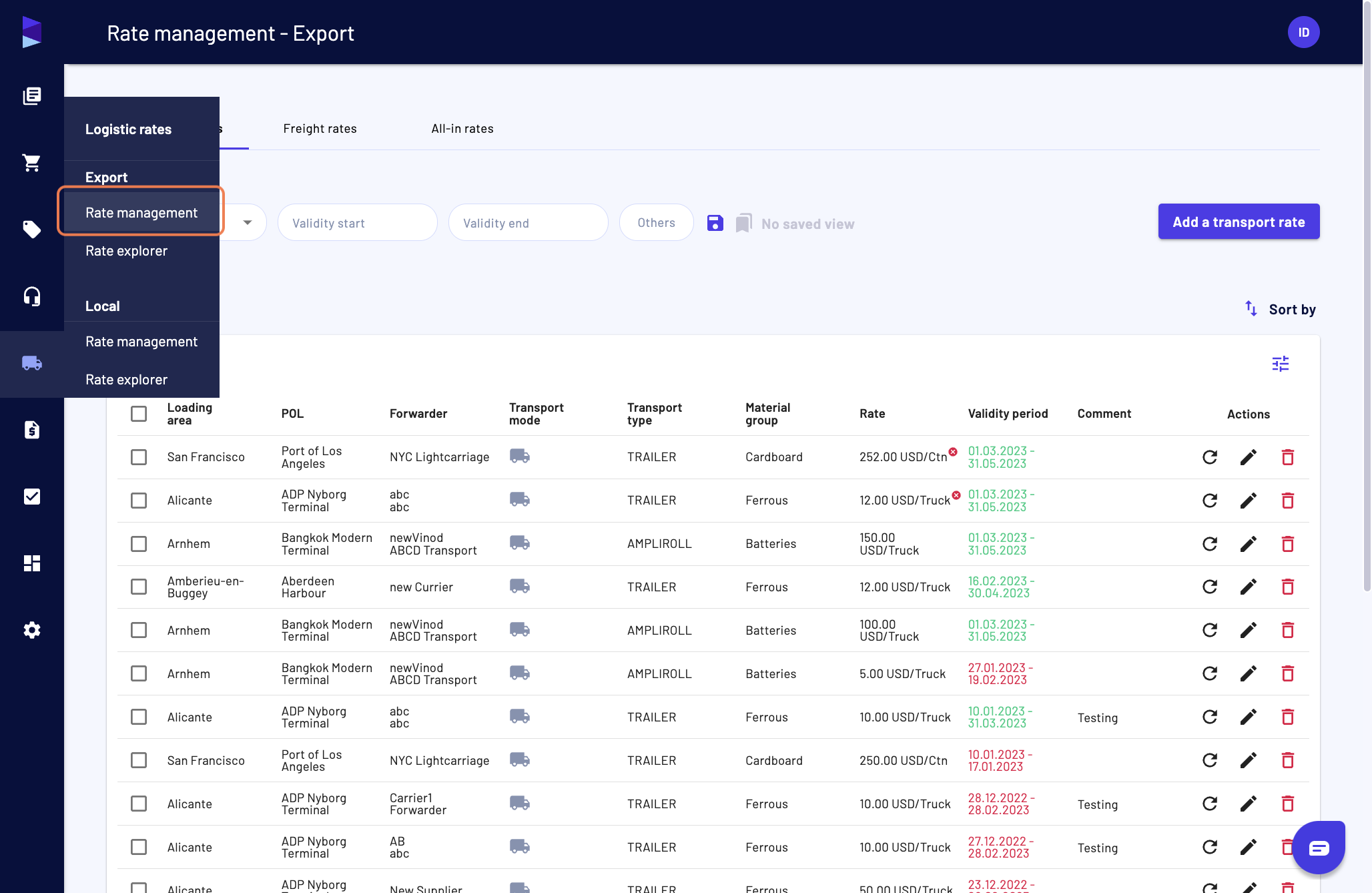 Click on "Rate management" in the "Export" category