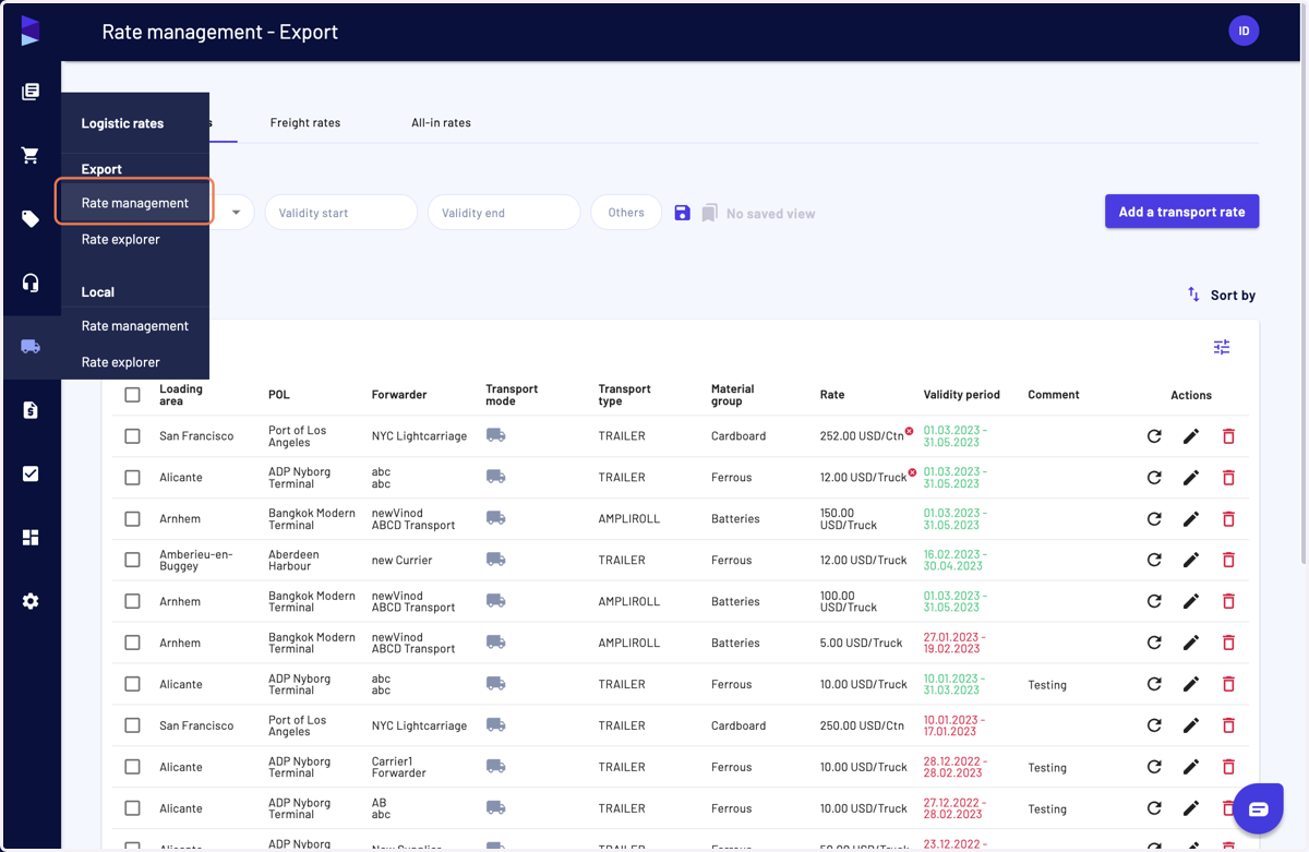 Click on "Rate management" in the "Export" category