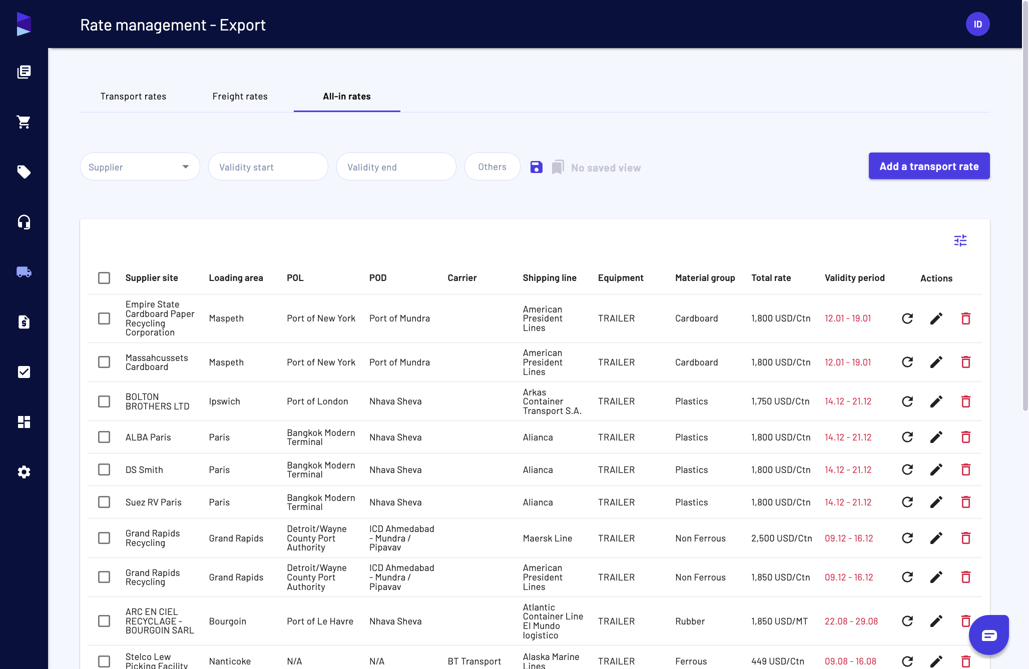 In the "All-in rates" we display not only any all-in rate but also all the combinations available between haulage rates and freight rates
