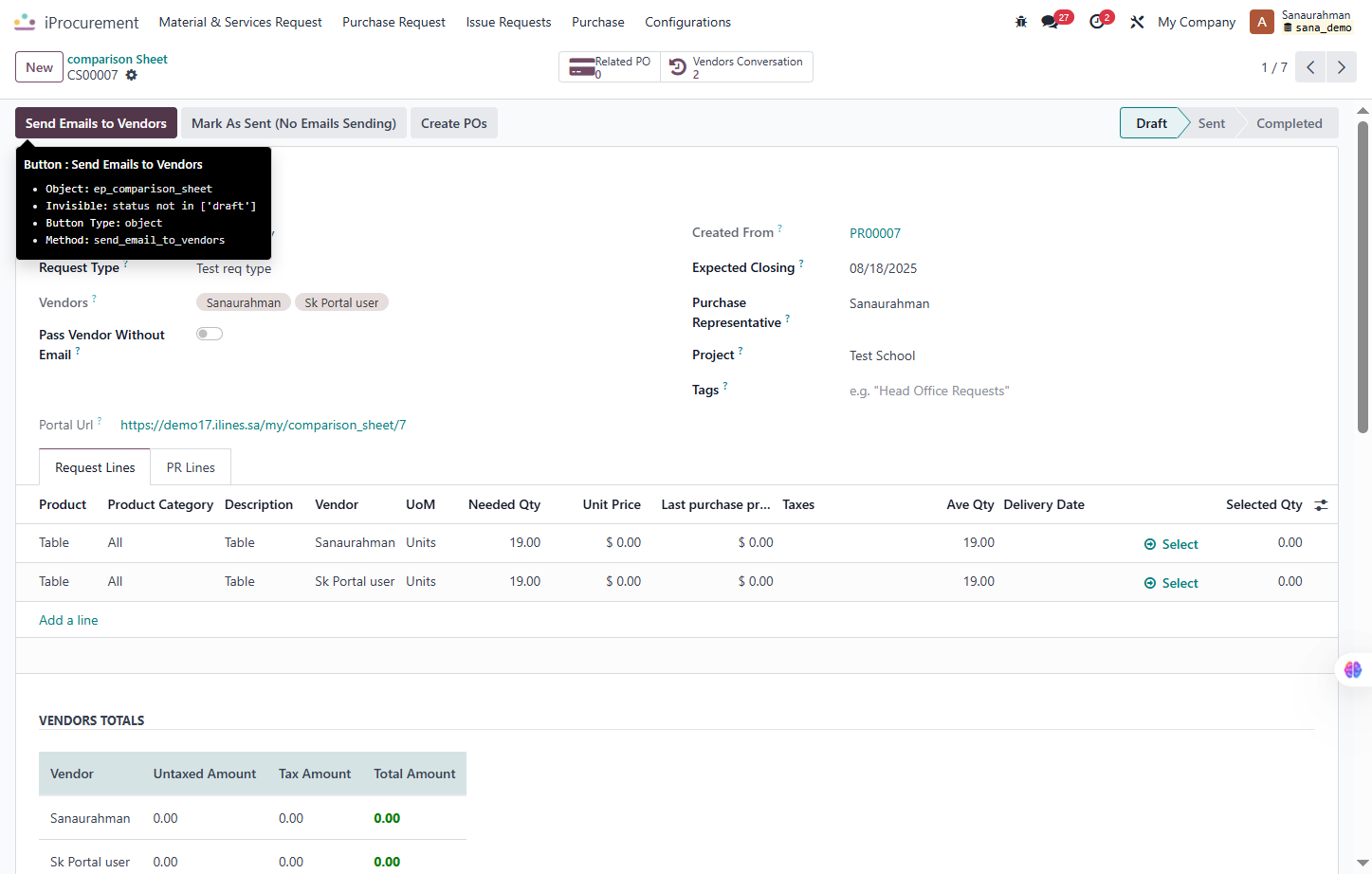 Click on Send Emails to Vendors