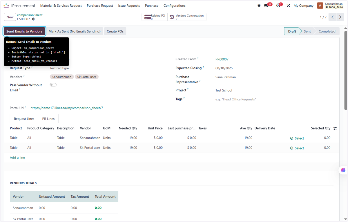 Click on Send Emails to Vendors