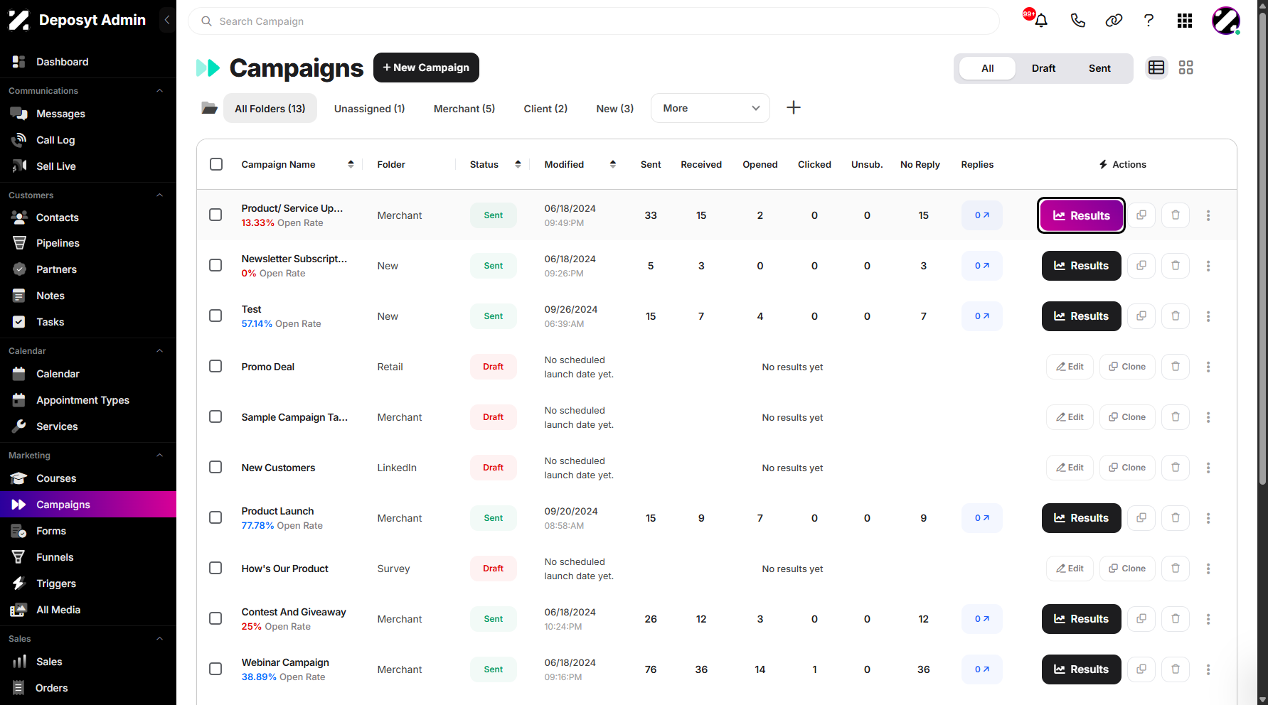 Step 3: Select a campaign, then click Results to proceed.