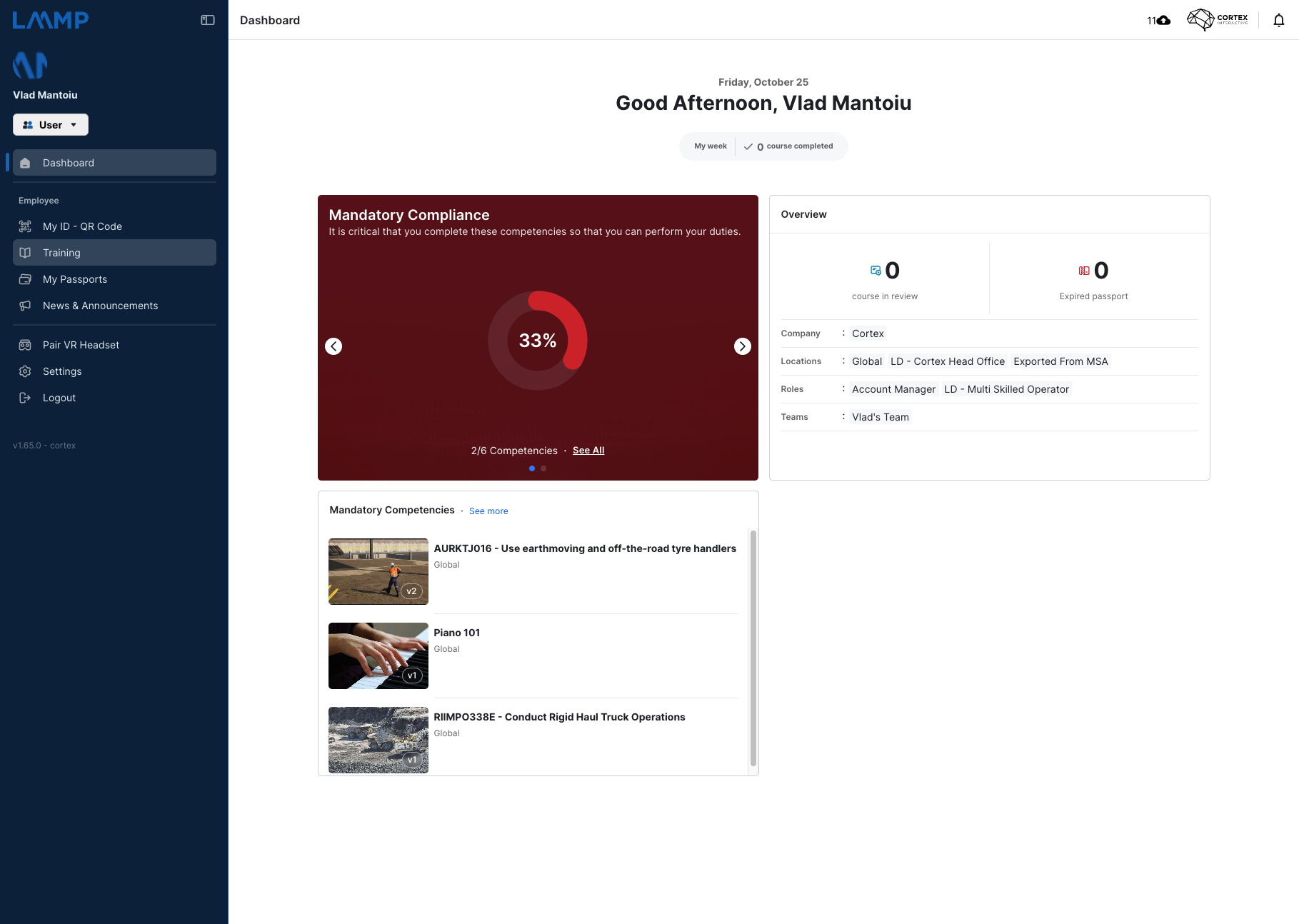 Your Courses and Competencies can also be accessed by clicking the "Training" button in the Side Menu