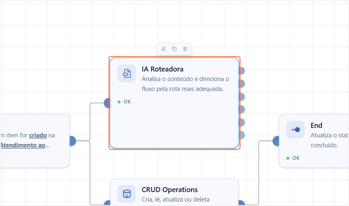 Salvando as configurações, você notará que o nó apresenta no canvas, como saídas, as rotas que você configurou e mais uma rota extra