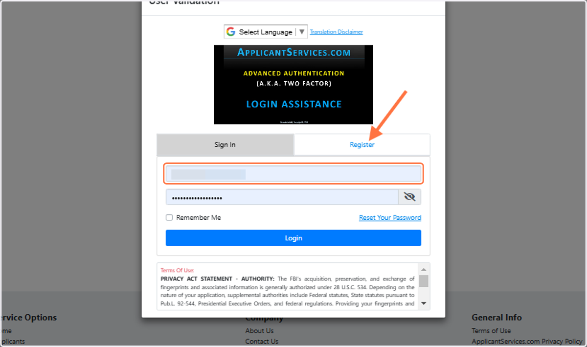 Enter your email address and password for returning users. For new users, click on the Register Option
