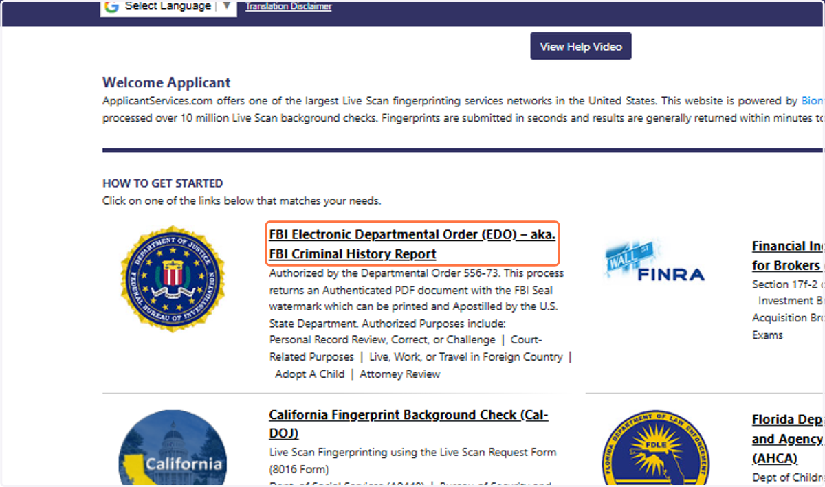 Click on FBI Electronic Departmental Order (EDO) – aka. FBI Criminal History Report