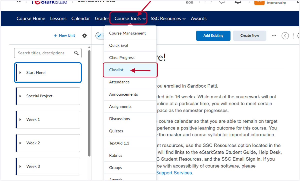 Click on Course Tools and then Classlist