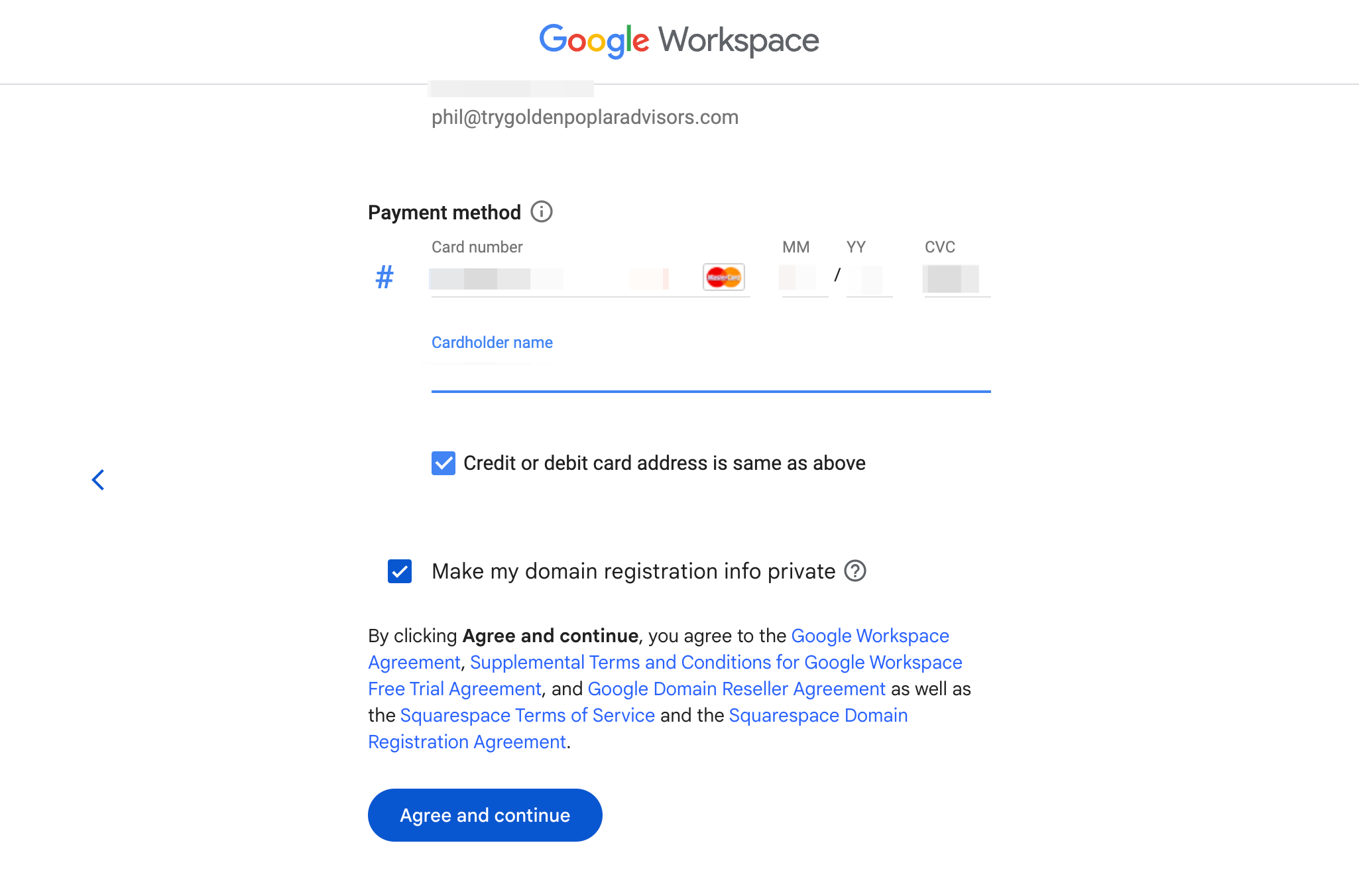 Review your account information and enter payment method