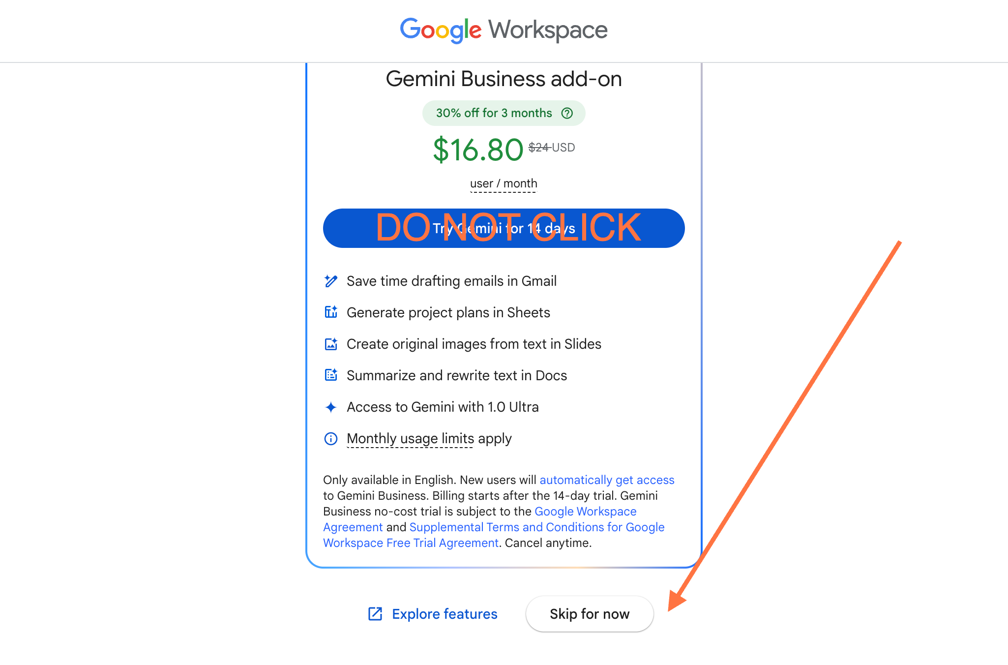 Decline Google Gemini Business add-on offer