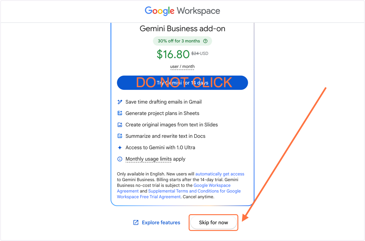 Decline Google Gemini Business add-on offer