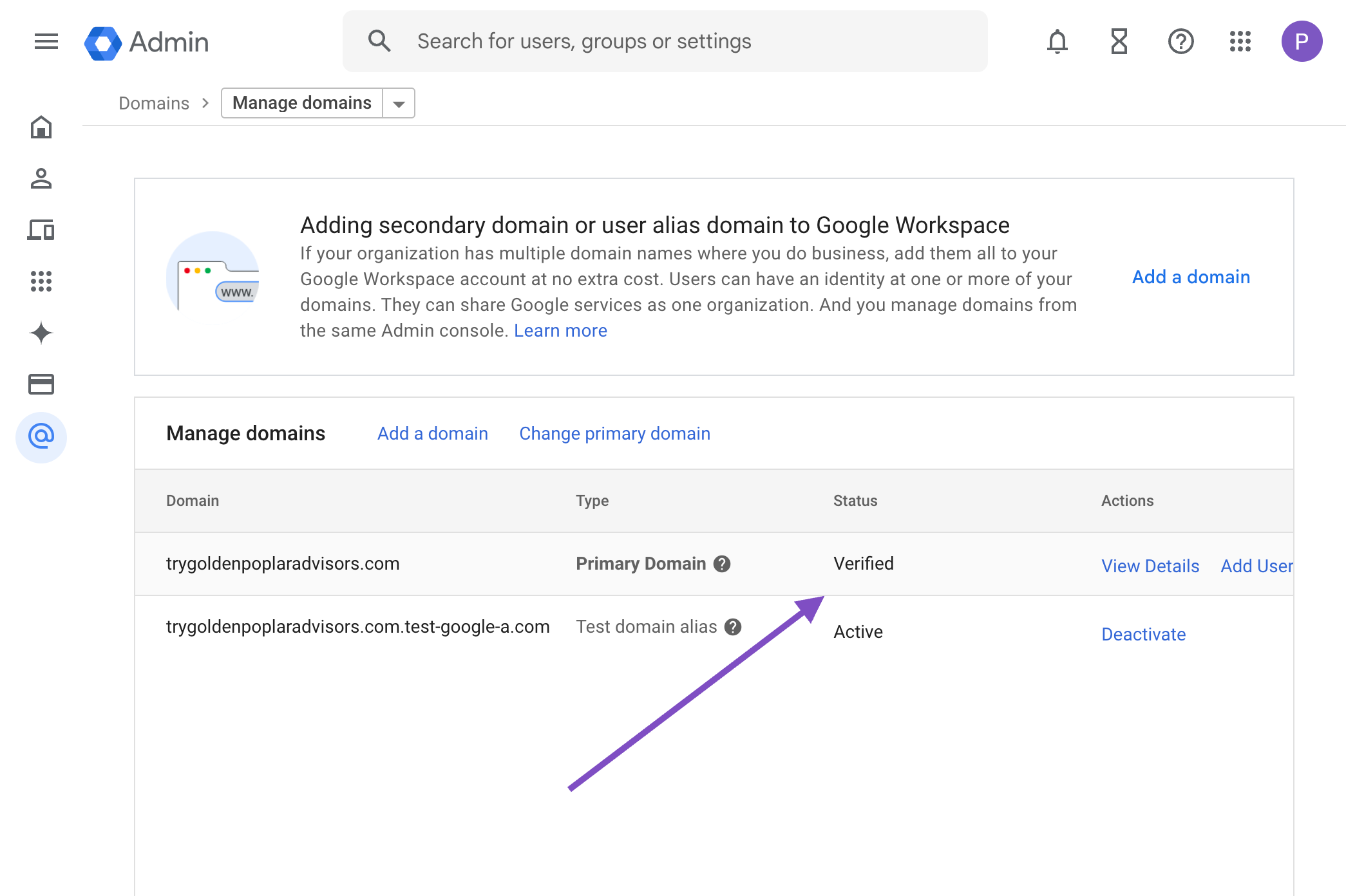 Confirm domain verification status in your Admin Console
