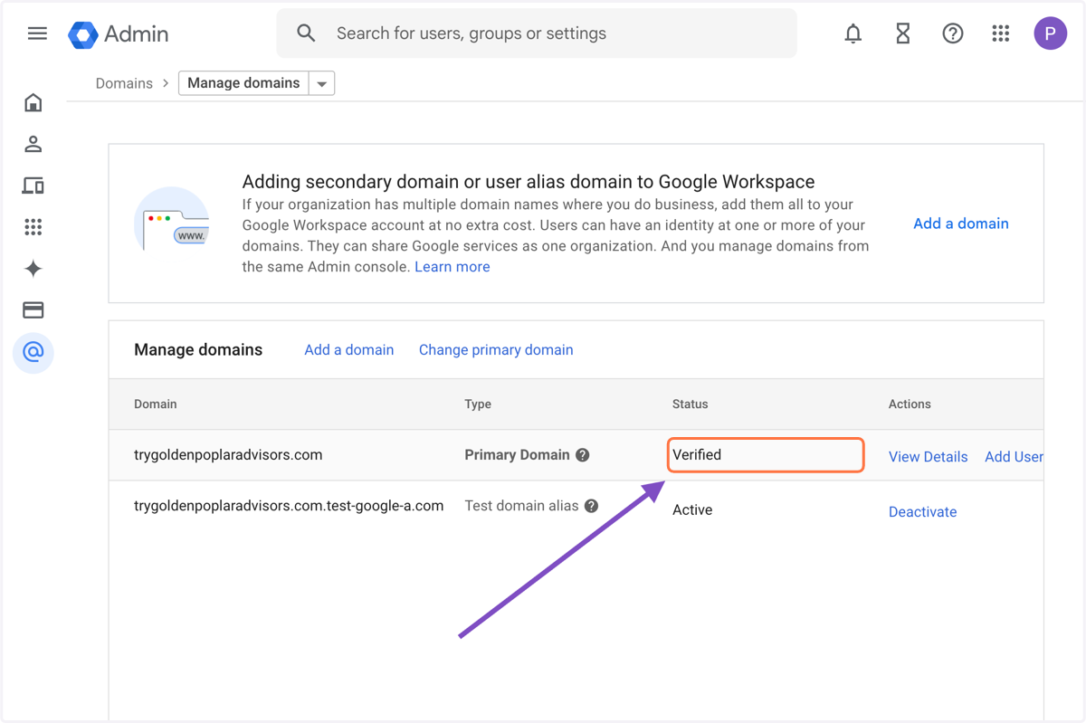 Confirm domain verification status in your Admin Console