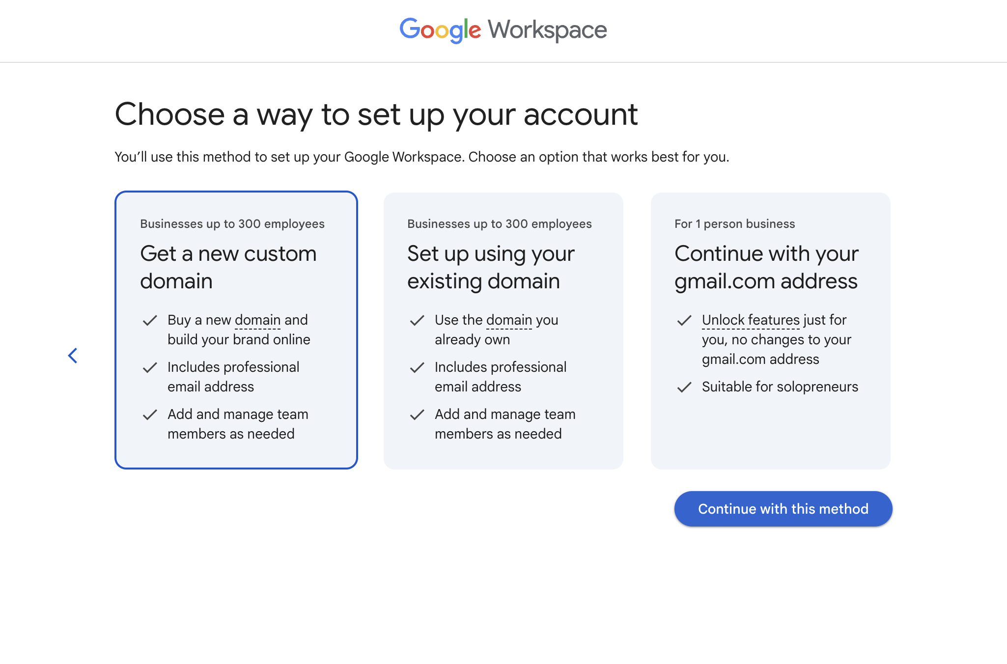 Choose your Google Workspace account setup method