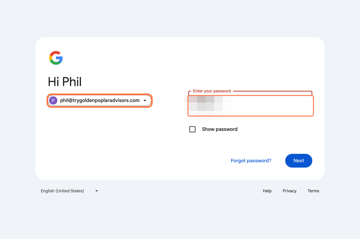 Provide your new Google Workspace email address and password
