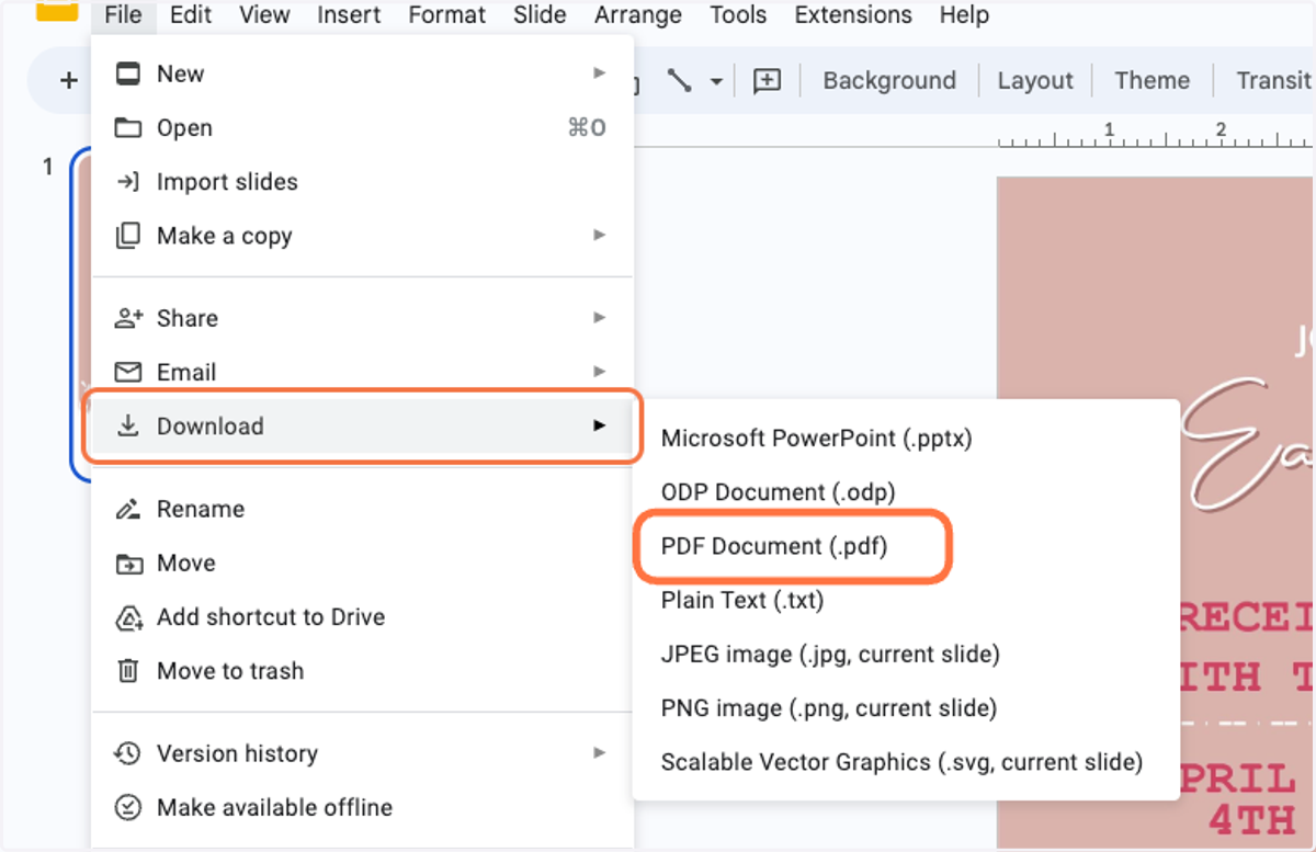 Click on File > Download > PDF Document (.pdf)