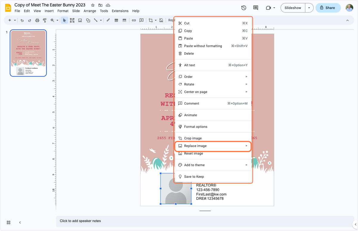 Right-click on the placeholder photo and click "Replace Image" > "Upload from Computer"