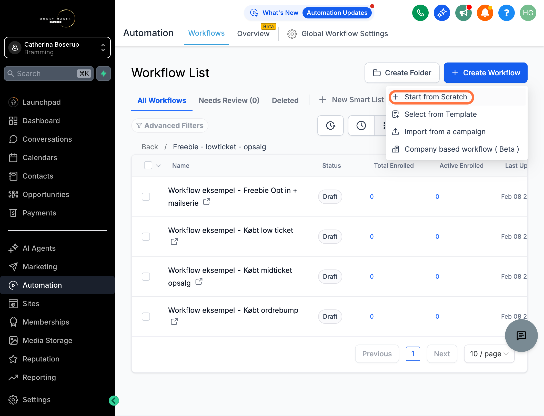 Opret et nyt workflow, klik "Create Workflow" og vælg "Start from Scratch"