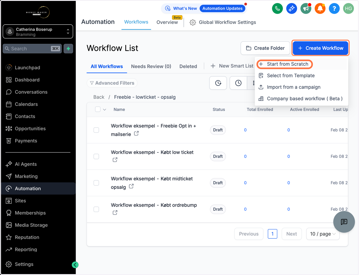Opret et nyt workflow, klik "Create Workflow" og vælg "Start from Scratch"
