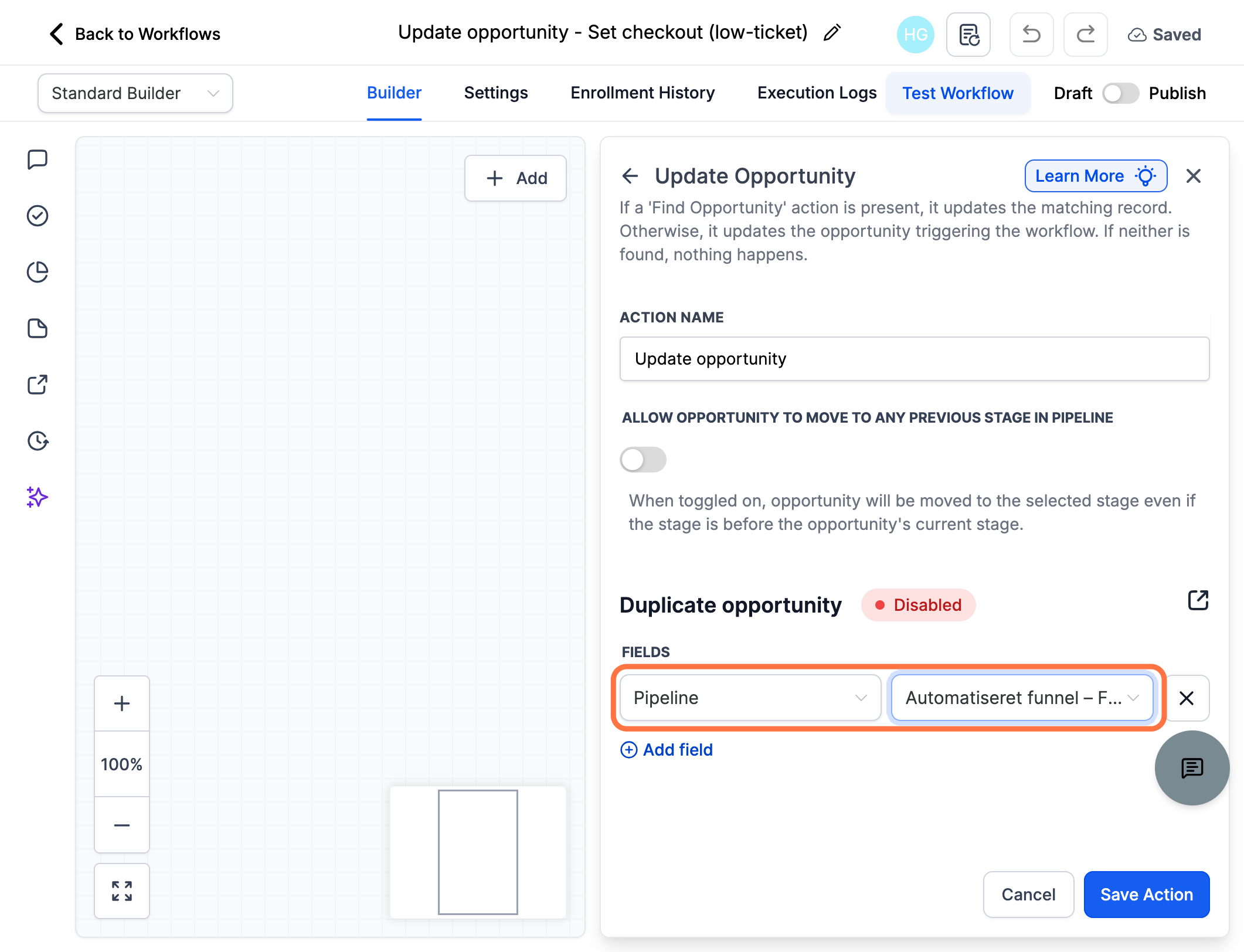Udfyld hvilken pipeline leadet skal flyttes i og klik igen på "Add field"