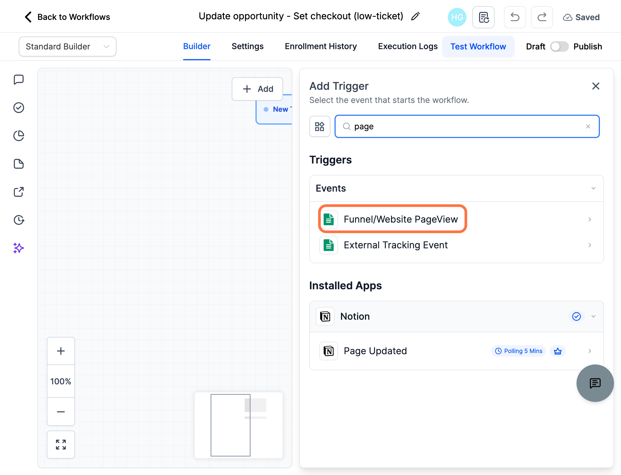 Sæt en trigger for dit workflow, vælg "Funnel/Website PageView"