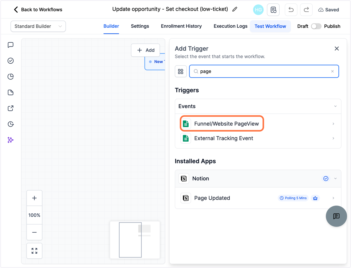 Sæt en trigger for dit workflow, vælg "Funnel/Website PageView"