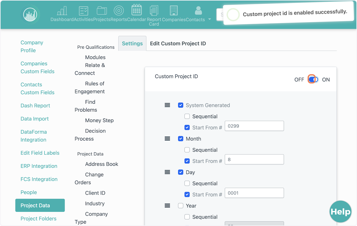 Toggle On to turn on Custom Project IDs for your team. From here you can customize your custom project ID according to your team's preferences.