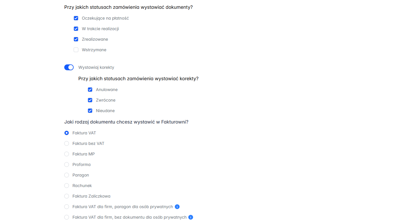 Jeśli chcesz, by integracja wystawiała również korekty, wybierz dla jakiego statusu zamówienia ma mieć to miejsce.