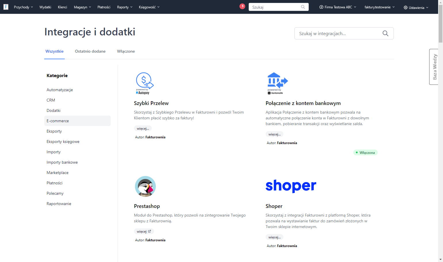 Z poziomu listy kategorii wybierz 'E-commerce'.