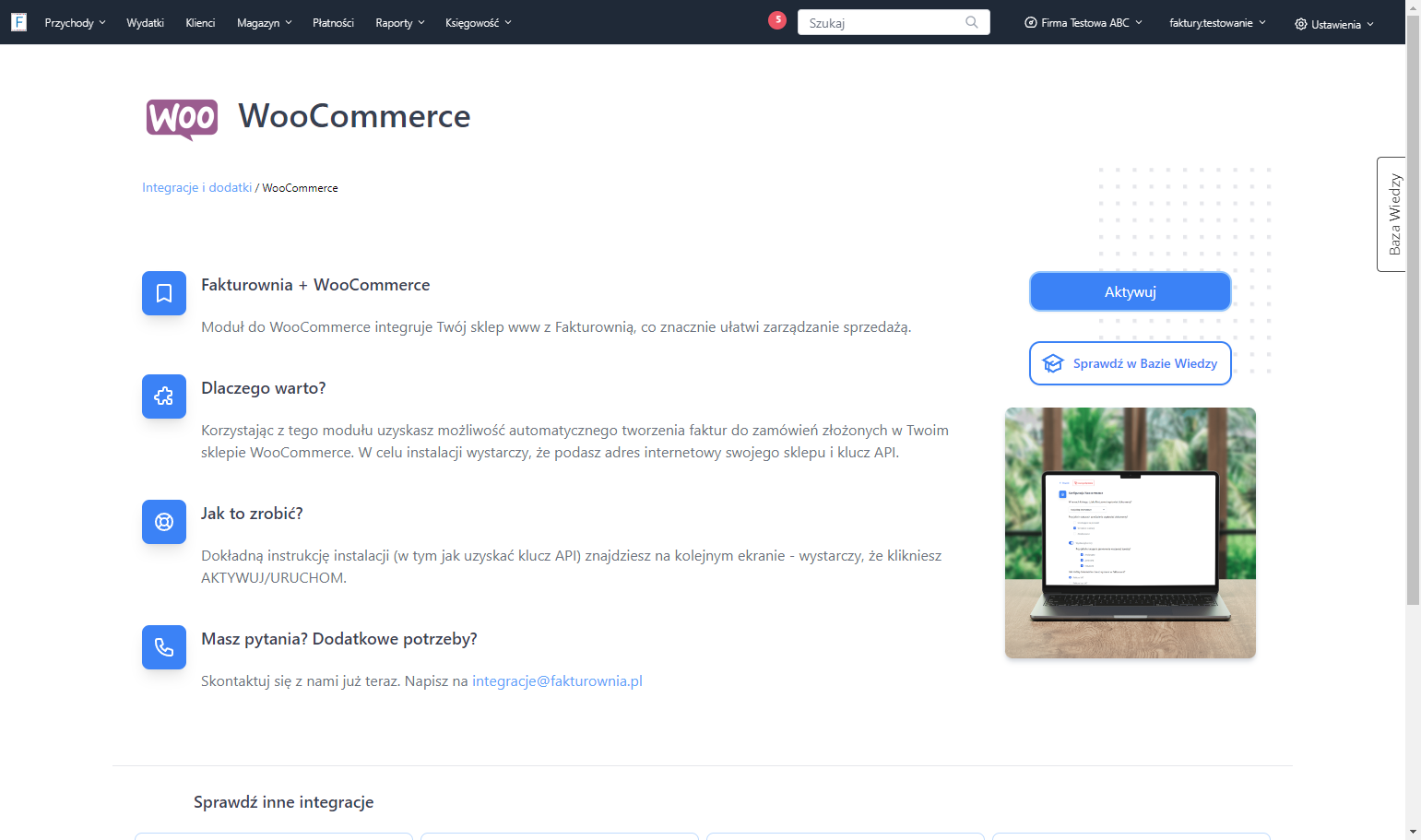 Kliknij przycisk 'Aktywuj', by rozpocząć łączenie Fakturowni ze sklepem internetowym na platformie WooCommerce.