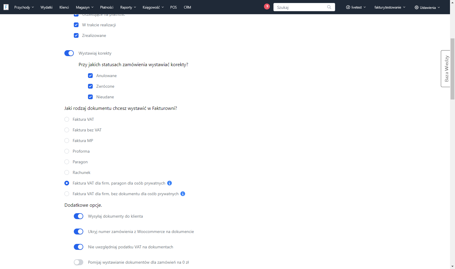 Ustal jaki typ dokumentu ma utworzyć się w Fakturowni, kiedy zamówienie otrzyma status określony wyżej.