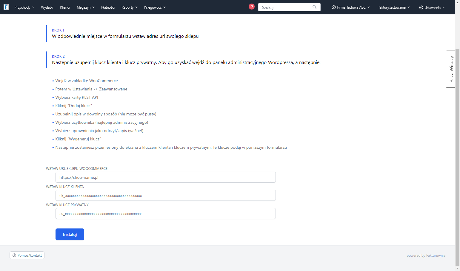 Zgodnie z instrukcją uzupełnił wymagane pola: wstaw URL sklepu WooCommerce oraz klucz klienta i klucz prywatny, które znajdziesz w panelu administracyjnym WooCommerce.