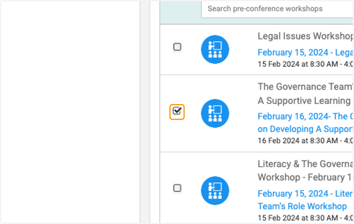 Check on the workshops/sessions you wish to register for
