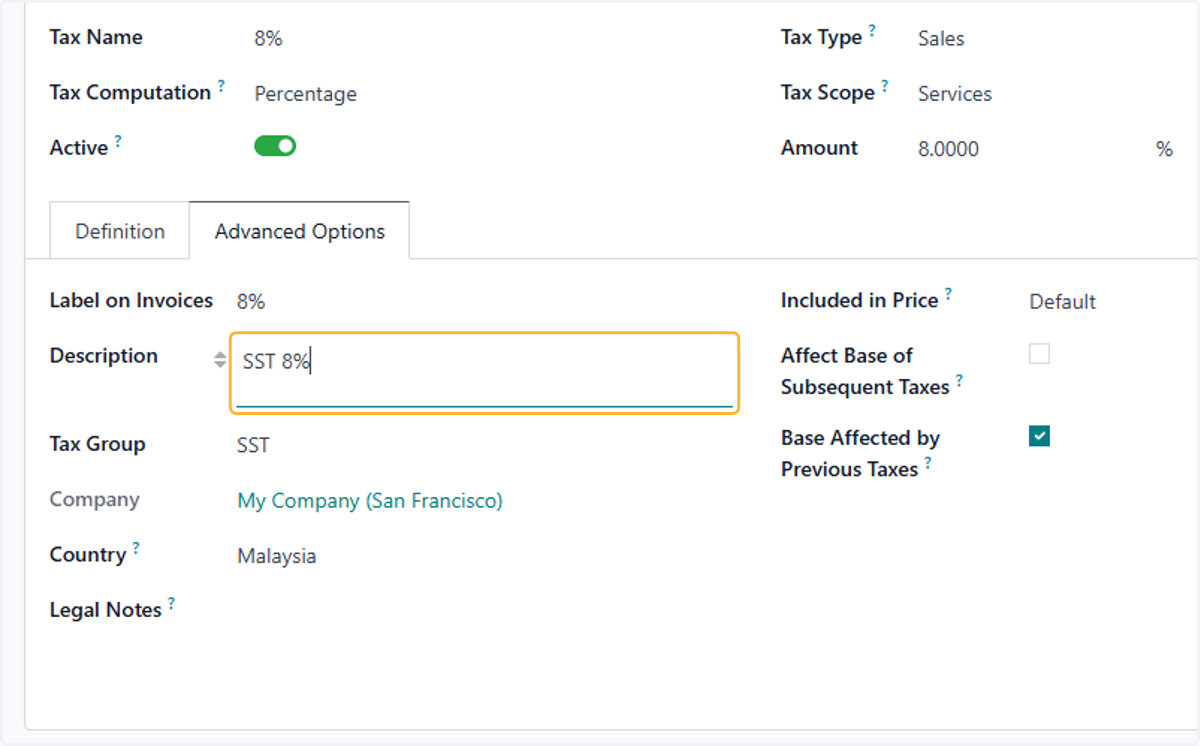 To set a description of the taxes if applicable
