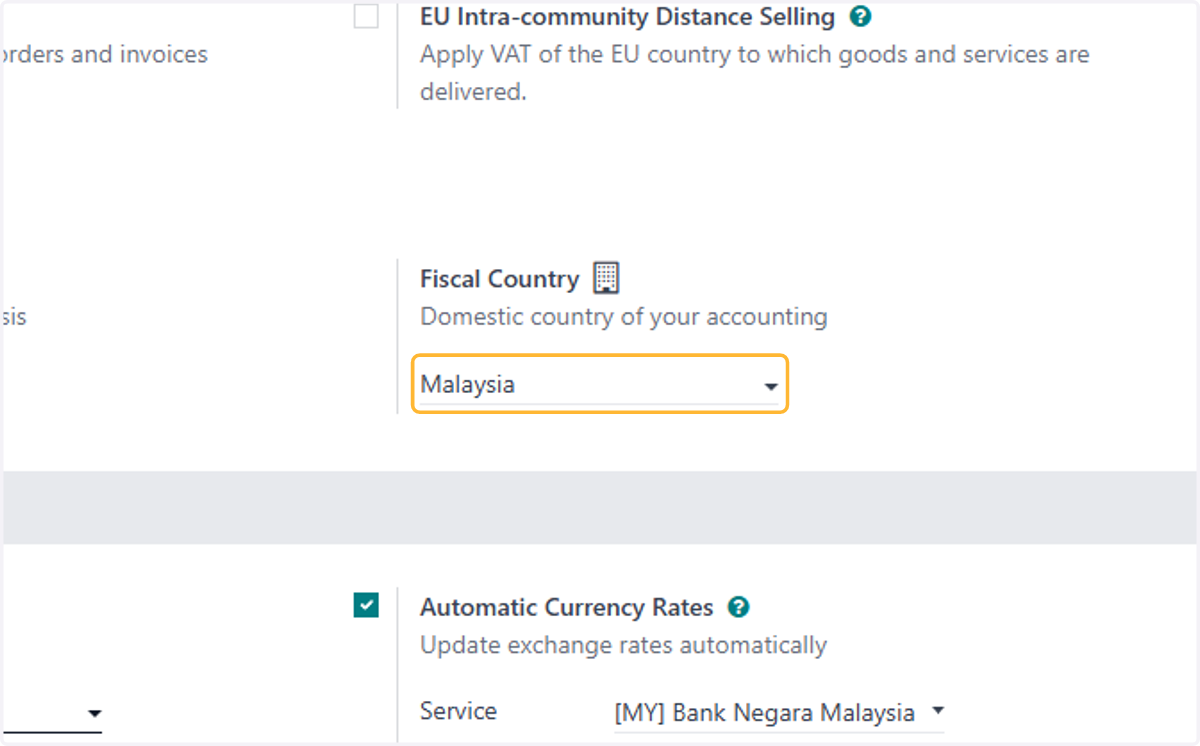 By default, Fiscal country is set the same as Company's Fiscal Localization.